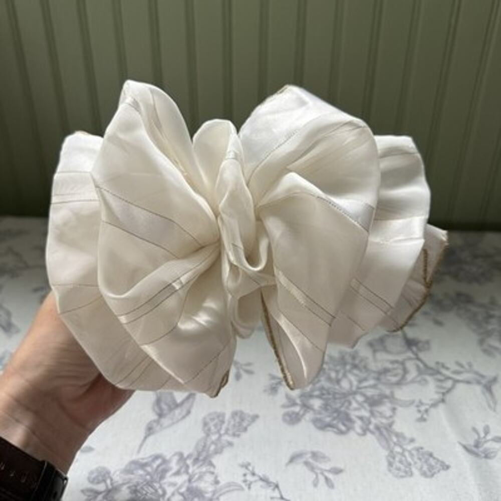 Vtg 80s 90s Large Hair Bow Clip Ribbon Gold White Cottagecore Romantic Coquette